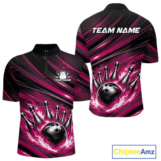 Front and back mockup of a black and pink men’s bowling quarter-zip shirt featuring a fiery bowling ball striking pins with abstract stripe artwork.