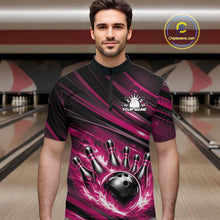 Load image into Gallery viewer, Male model at a bowling lane wearing a black and pink bowling quarter-zip shirt with a fiery bowling strike scene and abstract stripes.