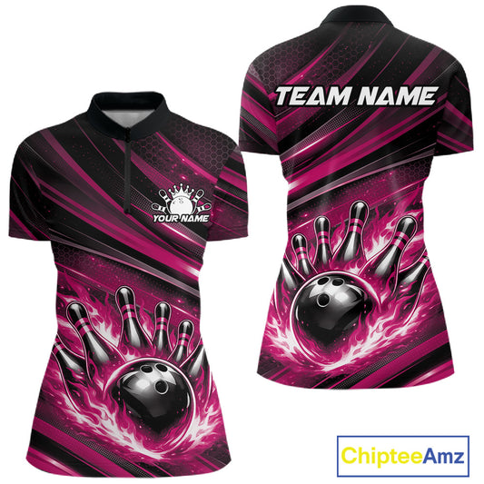 Women’s quarter zip bowling shirt mockup featuring black and pink shirt with fiery bowling ball striking pins and abstract stripe design