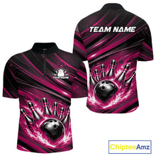 Load image into Gallery viewer, Front and back mockup of a black and pink men’s bowling quarter-zip shirt featuring a fiery bowling ball striking pins with abstract stripe artwork.