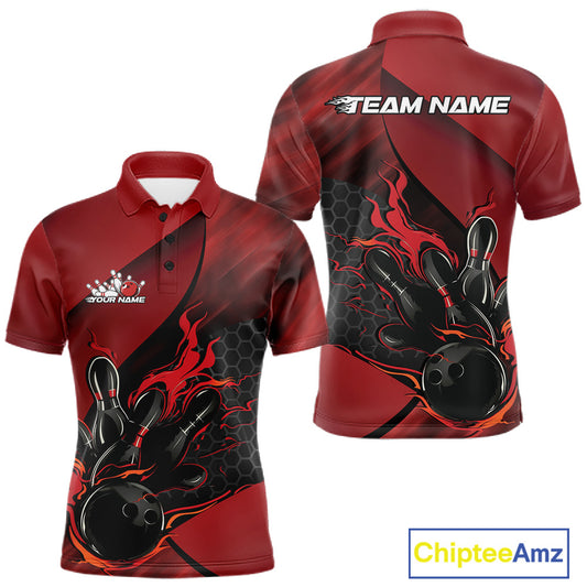 Front and back view of a black and red men’s bowling polo shirt featuring a flaming bowling ball striking pins with geometric hexagon artwork.