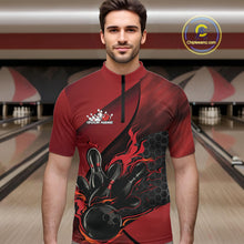 Load image into Gallery viewer, Male model wearing a black and red bowling quarter-zip shirt at a bowling lane with fiery bowling-themed artwork and geometric accents.