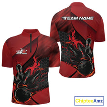 Load image into Gallery viewer, Front and back view of a black and red men’s bowling quarter-zip shirt showcasing a flaming bowling ball striking pins with hexagon graphics.