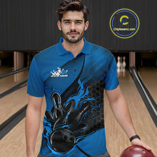 Load image into Gallery viewer, Male model wearing a black and blue bowling polo shirt at a bowling lane with fiery bowling strike artwork and geometric styling.