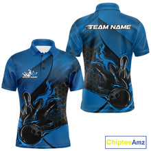 Load image into Gallery viewer, Front and back display of a black and blue men’s bowling polo shirt featuring a flaming bowling ball striking pins over a hexagon motif.