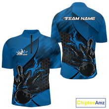 Load image into Gallery viewer, Front and back display of a black and blue men’s bowling quarter-zip shirt featuring a flaming bowling ball striking pins over a hexagon motif.