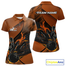 Load image into Gallery viewer, Front and back mockup of a black and orange women’s bowling polo shirt showcasing a flaming bowling ball striking pins with a hexagon pattern.