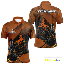 Load image into Gallery viewer, Front and back view of a black and orange men’s bowling polo shirt showcasing a flaming bowling ball striking pins with geometric hexagon artwork.