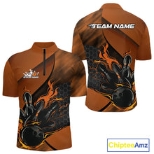 Load image into Gallery viewer, Front and back mockup of a black and orange men’s bowling quarter-zip shirt showcasing a flaming bowling ball striking pins with a hexagon pattern.