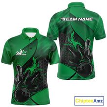 Load image into Gallery viewer, Front and back mockup of a black and green men’s bowling polo shirt featuring a flaming bowling ball striking pins over a hexagon pattern.