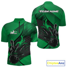 Load image into Gallery viewer, Front and back view of a black and green men’s bowling quarter-zip shirt featuring a flaming bowling ball striking pins over a hexagon pattern.
