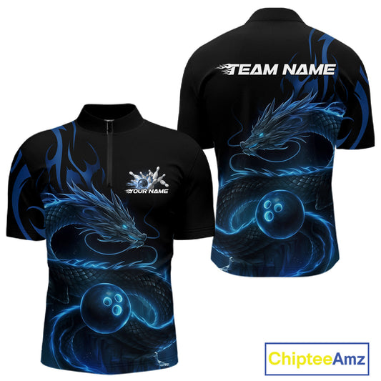 Custom Blue Tribal Flame Dragon Bowlin Team Men Quarter-Zip Shirt, Dragon Bowling Jerseys IPHW10229