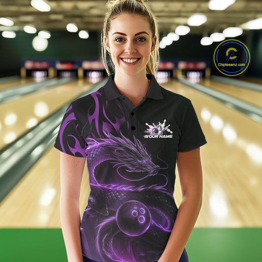 Custom Purple Tribal Flame Dragon Bowlin Team Women Polo Shirt, Dragon Bowling Jerseys IPHW10231