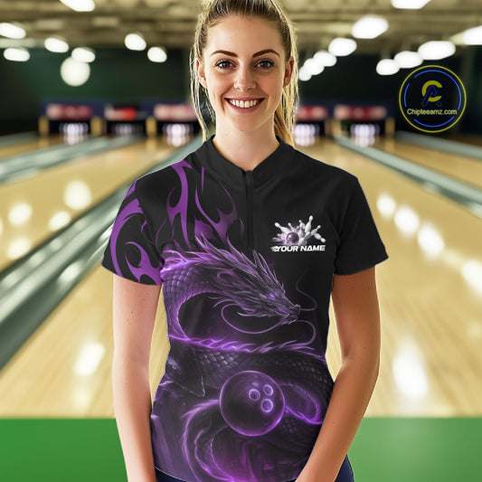 Custom Purple Tribal Flame Dragon Bowlin Women Quarter-Zip Shirt, Dragon Bowling Jerseys IPHW10231