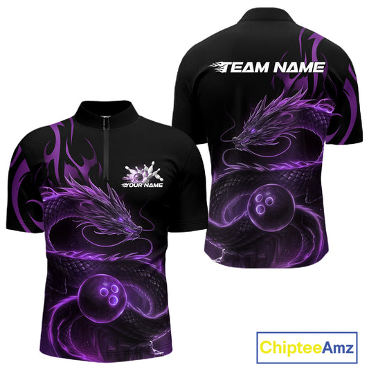 Custom Purple Tribal Flame Dragon Bowlin Team Men Quarter-Zip Shirt, Dragon Bowling Jerseys IPHW10231