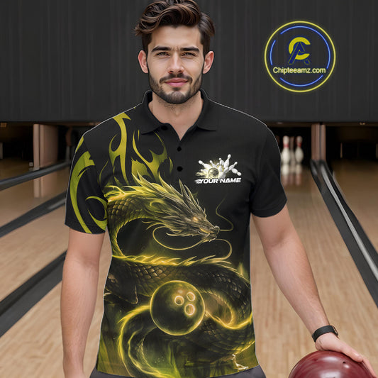 Custom Gold Tribal Flame Dragon Bowlin Team Men Polo Shirt, Dragon Bowling Jerseys IPHW10232