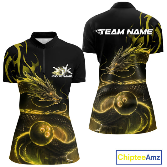 Custom Gold Tribal Flame Dragon Bowlin Women Quarter-Zip Shirt, Dragon Bowling Jerseys IPHW10232