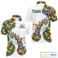 Load image into Gallery viewer, Men’s bowling polo shirt mockup front and back displaying colorful autism-themed bowling strikes and puzzle artwork on white shirt
