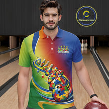 Load image into Gallery viewer, Male model in a bowling lane wearing a colorful polo shirt, front view featuring autism puzzle bowling ball and pins trail artwork