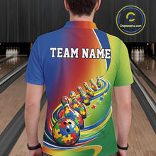Load image into Gallery viewer, Male model at a bowling lane, back view of colorful polo shirt showcasing autism puzzle-pattern bowling ball and matching pins design