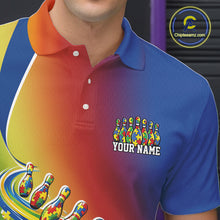 Load image into Gallery viewer, Close-up left chest detail of colorful bowling polo shirt featuring autism puzzle bowling ball and pins emblem artwork