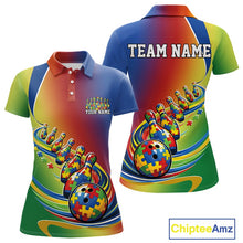 Load image into Gallery viewer, Women’s polo shirt mockup front and back featuring autism puzzle-pattern bowling ball rolling into matching pins in a colorful awareness design