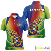 Load image into Gallery viewer, Men’s bowling polo shirt mockup front and back displaying autism puzzle-pattern bowling ball rolling into matching pins with trailing pin effect in colorful design