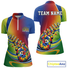 Load image into Gallery viewer, Front and back view of a women’s quarter-zip bowling shirt mockup in colorful autism puzzle design, featuring patterned bowling ball and trailing pins.