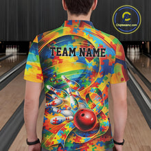 Load image into Gallery viewer, Male model at a bowling lane, back view of colorful polo shirt showcasing autism puzzle bowling ribbon and multicolor design