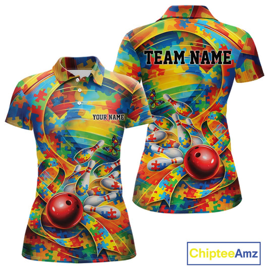 Women’s polo shirt mockup front and back with autism ribbon and multicolored puzzle bowling pattern creating a vibrant awareness-themed design