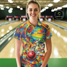 Load image into Gallery viewer, Female model at a bowling lane wearing a colorful polo shirt, front view showing autism puzzle bowling graphics with bright accents