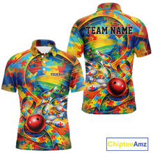 Load image into Gallery viewer, Men’s bowling polo shirt mockup front and back showing autism awareness ribbon with multicolored puzzle bowling design in vibrant tones