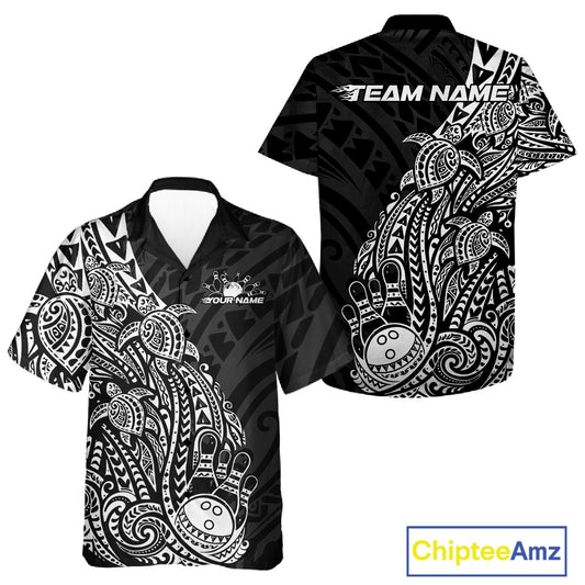 Front and back views of a black and white button-up bowling shirt showcasing bowling graphics accented by tribal swirls and turtle-inspired Polynesian motifs.