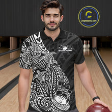 Load image into Gallery viewer, Male model wearing a black and white bowling polo shirt at the lane with turtle-inspired bowling graphics.