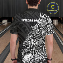 Load image into Gallery viewer, Back view of a male model in a black and white bowling polo shirt showcasing tribal bowling artwork and swirl accents.