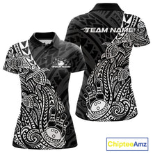 Load image into Gallery viewer, Front and back views of a black and white womens bowling polo shirt with bowling pins and a ball accented by tribal swirls and Polynesian patterns.