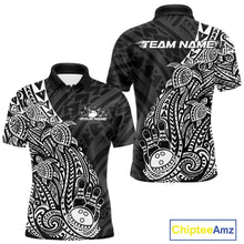 Load image into Gallery viewer, Front and back views of a black and white mens bowling polo shirt featuring bowling ball and pin artwork surrounded by Polynesian tribal swirls.