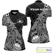 Load image into Gallery viewer, Front and back views of a black and white womens bowling quarter-zip shirt showcasing bowling pins, a bowling ball, and Polynesian turtle patterns.