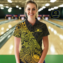Load image into Gallery viewer, Female model wearing a black and gold bowling polo shirt at the bowling lane with turtle-themed tribal bowling graphics.