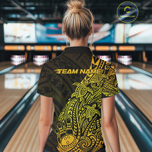 Load image into Gallery viewer, Back view of a female model in a black and gold bowling polo shirt showcasing tribal swirl bowling artwork.
