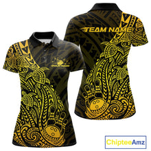 Load image into Gallery viewer, Front and back views of a black and gold womens bowling polo shirt featuring bowling ball and pin artwork with Polynesian swirl details.