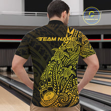 Load image into Gallery viewer, Front view of a male model in a black and gold bowling quarter-zip shirt featuring swirl-accented bowling artwork.