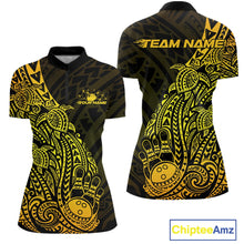 Load image into Gallery viewer, Front and back views of a black and gold womens bowling quarter-zip shirt with bowling ball and pin artwork accented by tribal swirls.