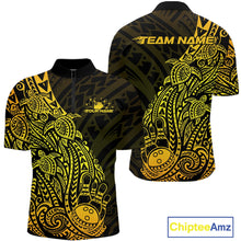 Load image into Gallery viewer, Front and back views of a black and gold mens bowling quarter-zip shirt showcasing bowling pins and a ball with Polynesian-inspired artwork.