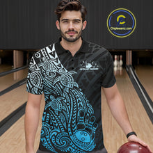 Load image into Gallery viewer, Male model wearing a black and blue bowling polo shirt at the lane with Polynesian-style bowling graphics.