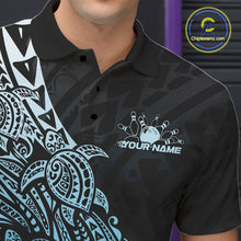 Load image into Gallery viewer, Close-up left chest detail of a black and blue bowling polo shirt featuring tribal swirl bowling graphics.