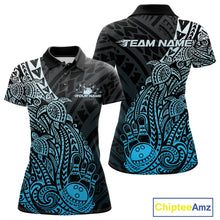 Load image into Gallery viewer, Front and back views of a black and blue womens bowling polo shirt showcasing bowling pins and a ball surrounded by tribal swirl patterns.