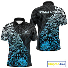 Load image into Gallery viewer, Front and back views of a black and blue mens bowling polo shirt featuring bowling pins and a ball surrounded by tribal swirls and turtle patterns.