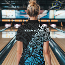 Load image into Gallery viewer, Back view of a female model in a black and blue bowling quarter-zip shirt displaying Polynesian bowling artwork and swirls.