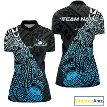 Load image into Gallery viewer, Front and back views of a black and blue womens bowling quarter-zip shirt featuring bowling pins and a ball surrounded by turtle Polynesian patterns.